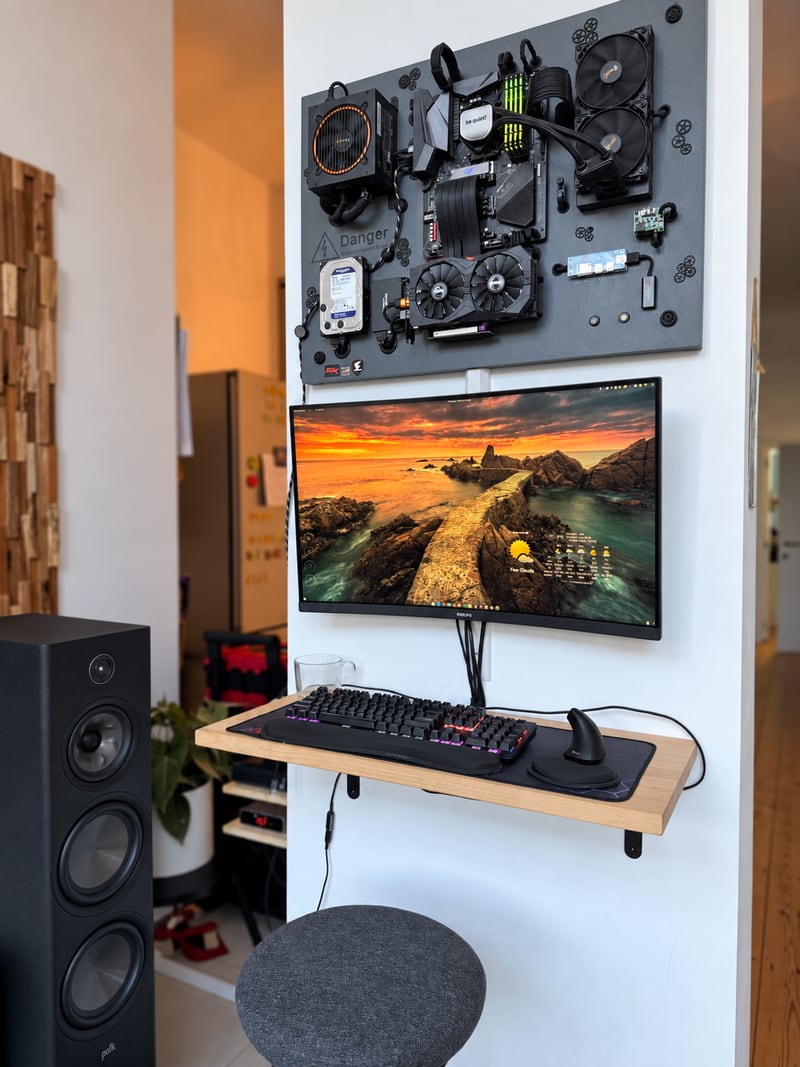 Completed wall-mounted PC with exposed components