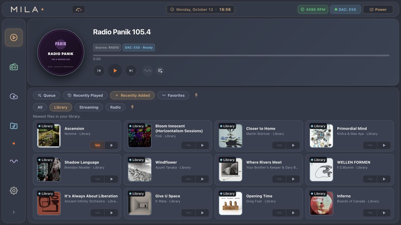 MILA* audio streamer: current player interface and music collection